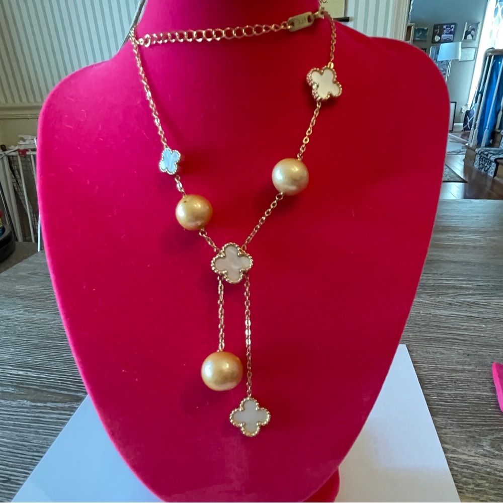 Clover And Real Golden Freshwater Pearl Necklace Like New